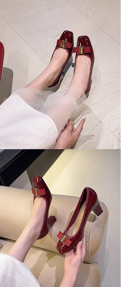 Giày Mary Jane nữ cao gót gót thô mũi vuông thắt nơ, miệng nông, gót 6–8 cm — rượu vang đỏ, đen chi tiết 7