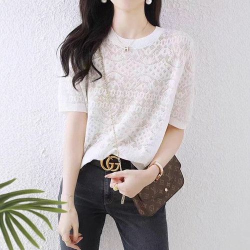 New Women's Lace Ice Silk T-Shirt 2025 Summer Thin Casual White Short-Sleeve Knit Top