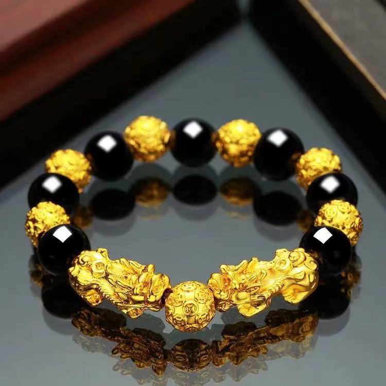 Imitación obsidiana pulsera chapada en oro mantra de seis palabras que preservan el color pulsera de cuentas de oro joyería de la suerte para los hombres