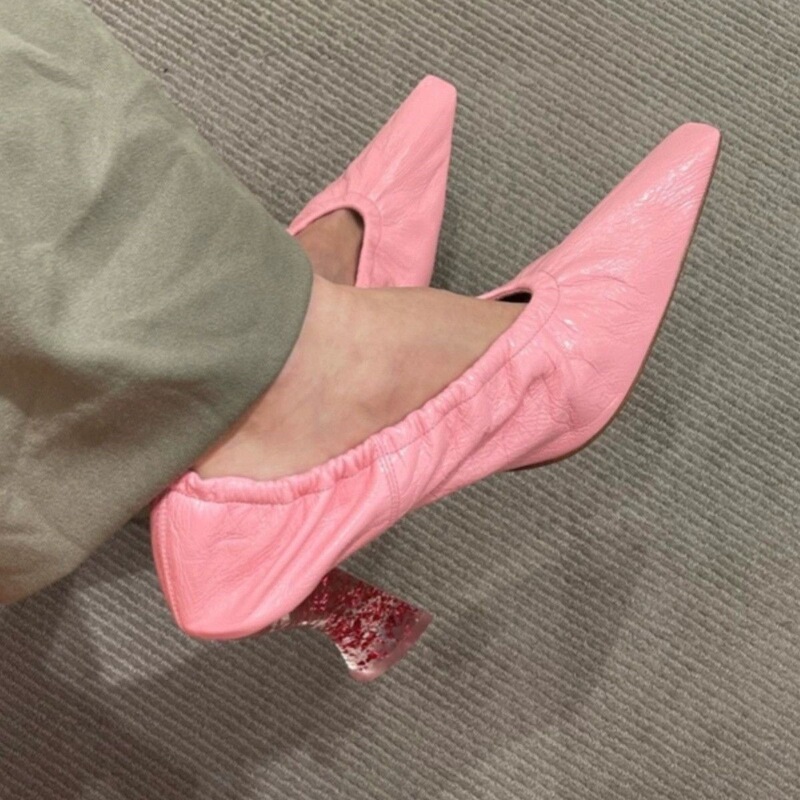 Pink Bv Small Square-Toe Retro Single Shoes for Women, Leather Crystal Chunky Heel French High Heels, Elegant Witch Shoes