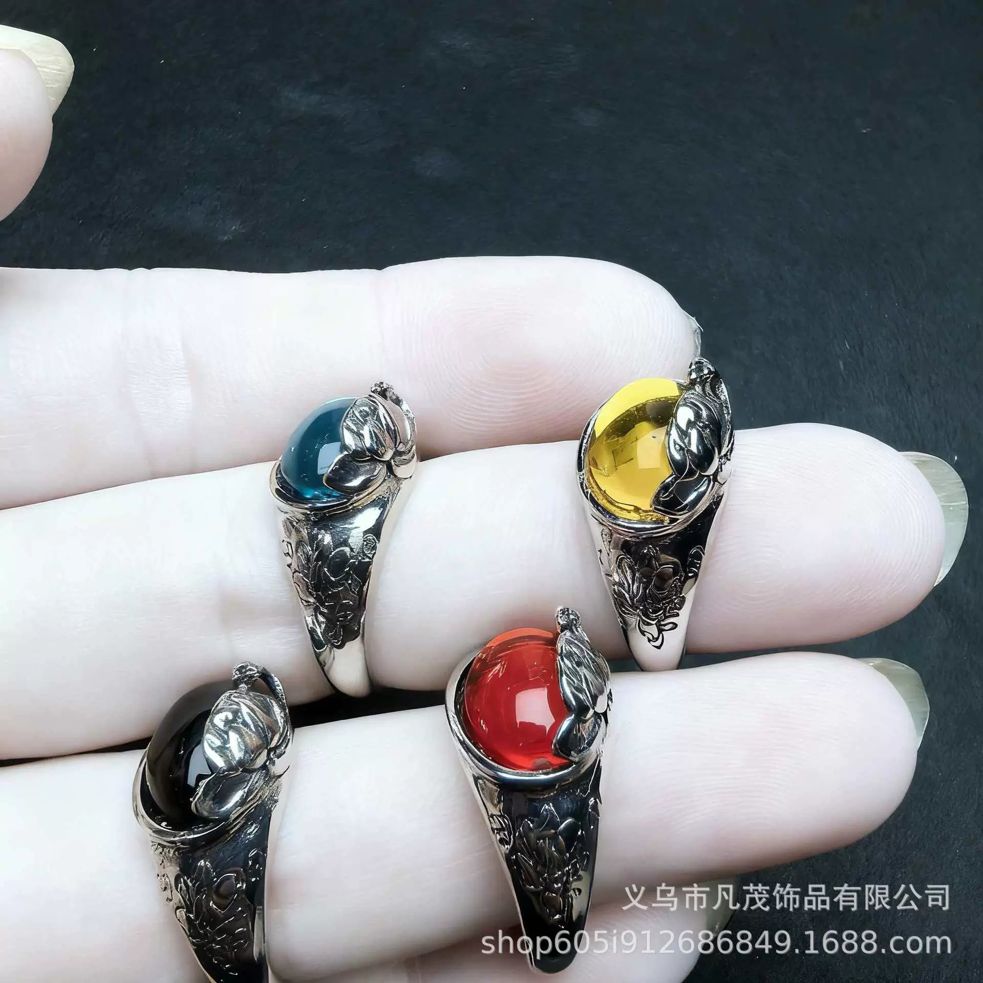 个性时尚玛瑙活口复古泰银镶嵌仿南红莲花戒指女花朵可调节指环