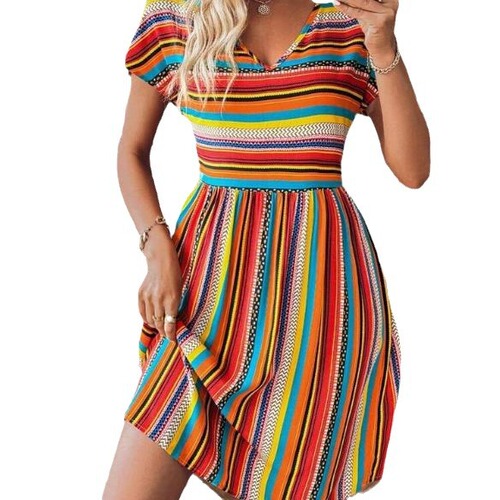 Summer European and American Women's Clothing Color Striped Batwing Sleeve Dress for Independent Websites
