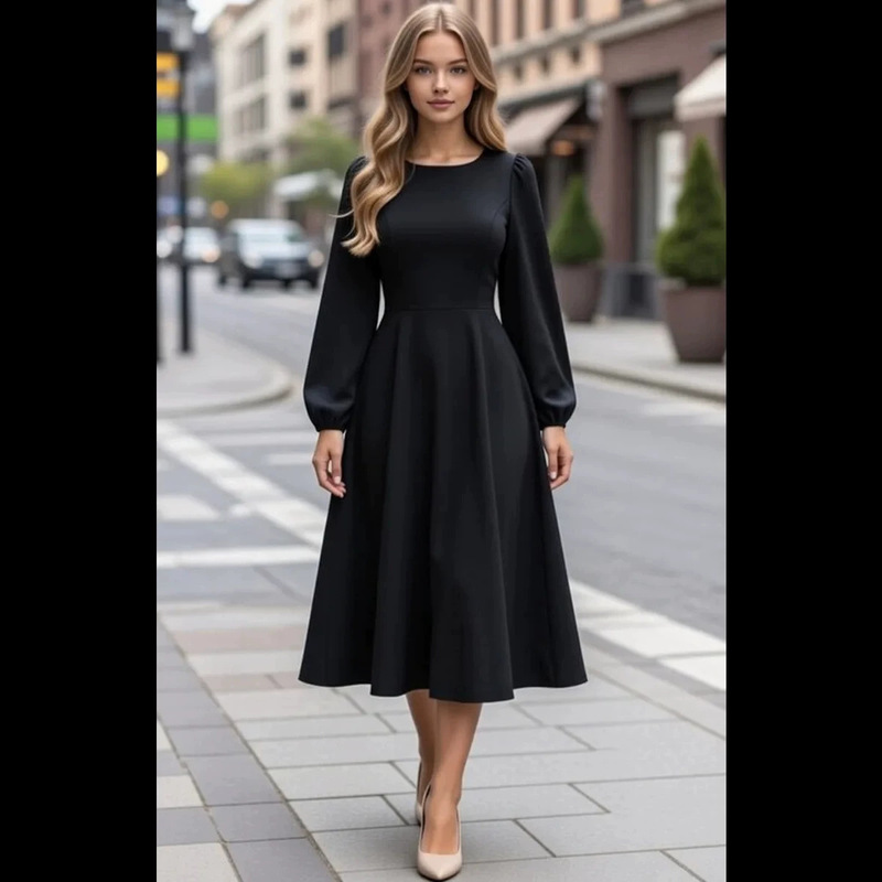 2026 Amazon Spring and Autumn New Women's Clothing Oversized Flared Long Dress with Waist Cinching, Round Neck, Pockets, A-Line Skirt, Long Sleeve Dress