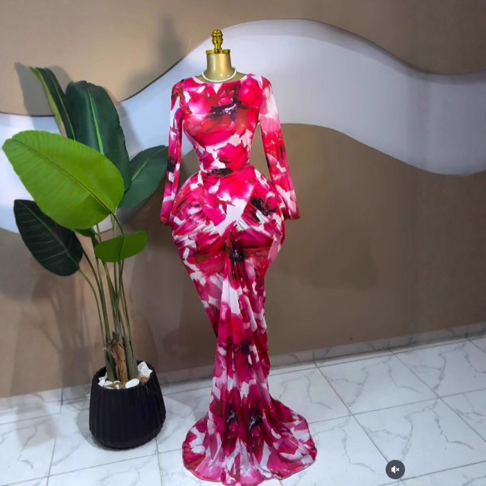 In-Stock 2026 Cross-Border European and American Women's Long-Sleeve Autumn Ins Printed Mesh Ruched Long Dress Party Gown Dress