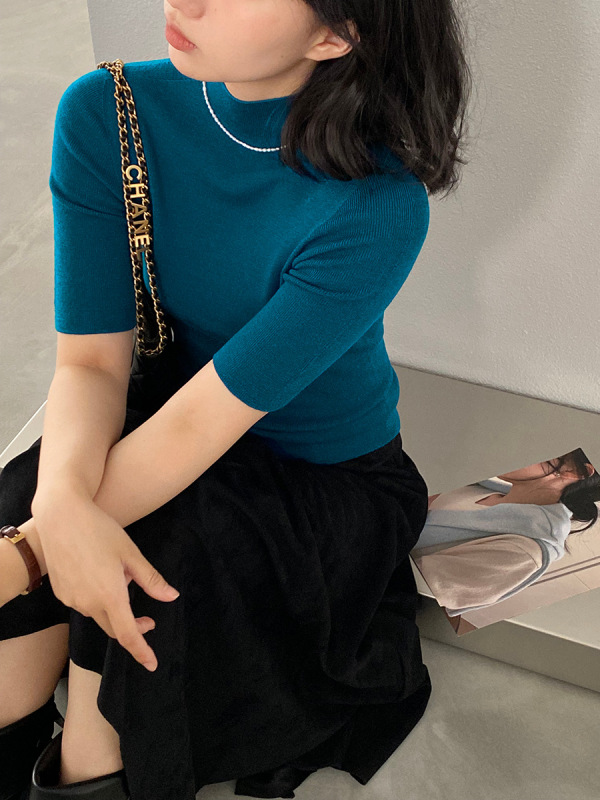 江左 黑标系列 100羊毛无缝一体打底衫气质简约半袖针织衫女U1279|undefined