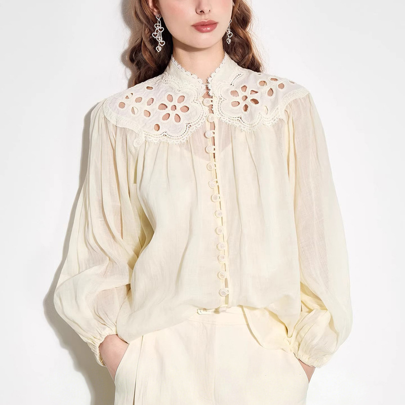 Gentle and Moving Holiday Style! Linen French Lace Hollow-Out Embroidered Lantern Sleeve Loose Stand-Collar Shirt Top