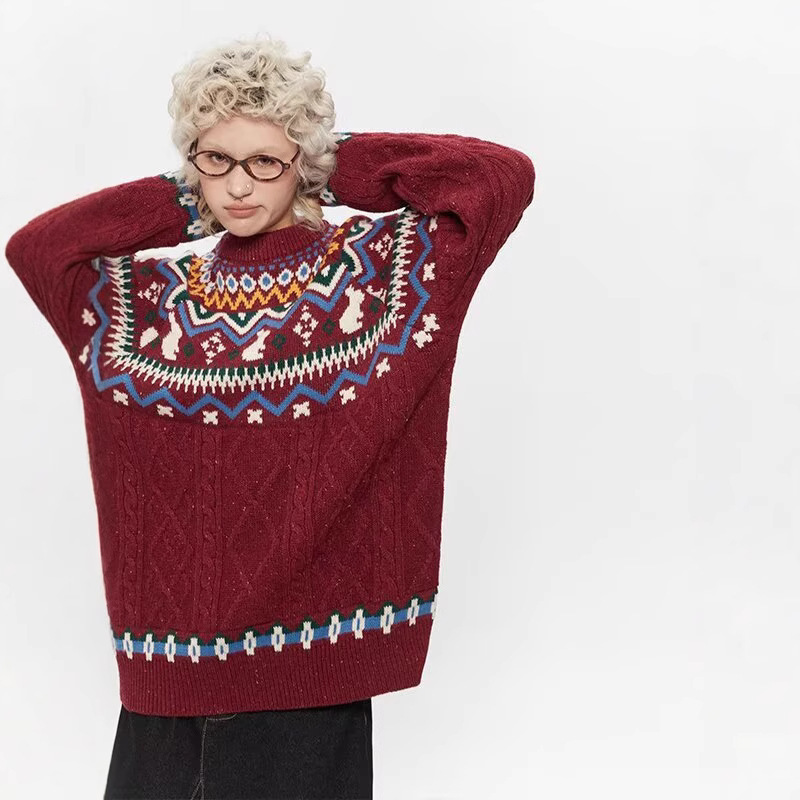 2025 Spring Autumn Winter Round Neck Loose Pullover Sweater Men's and Women's Retro Twist Couple Christmas Sweater Wholesale