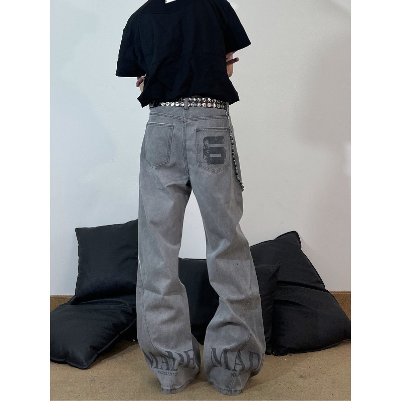 American High Street Style Washed Deconstructed Curved Blade Jeans For Men, Distressed And Vintage Style, With Vibe Letter Print_mkmklike.com