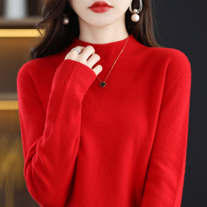 Ropa de primera línea medio cuello alto 100 suéter de lana pura suéter de color sólido de las mujeres camisa de fondo de punto del todo fósforo