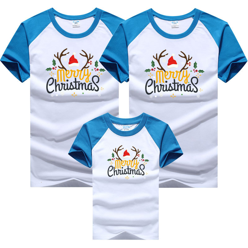 2022 Año Nuevo Navidad padre-hijo de manga corta Camiseta una familia de tres transfronteriza de Navidad A14 color a juego manga raglán