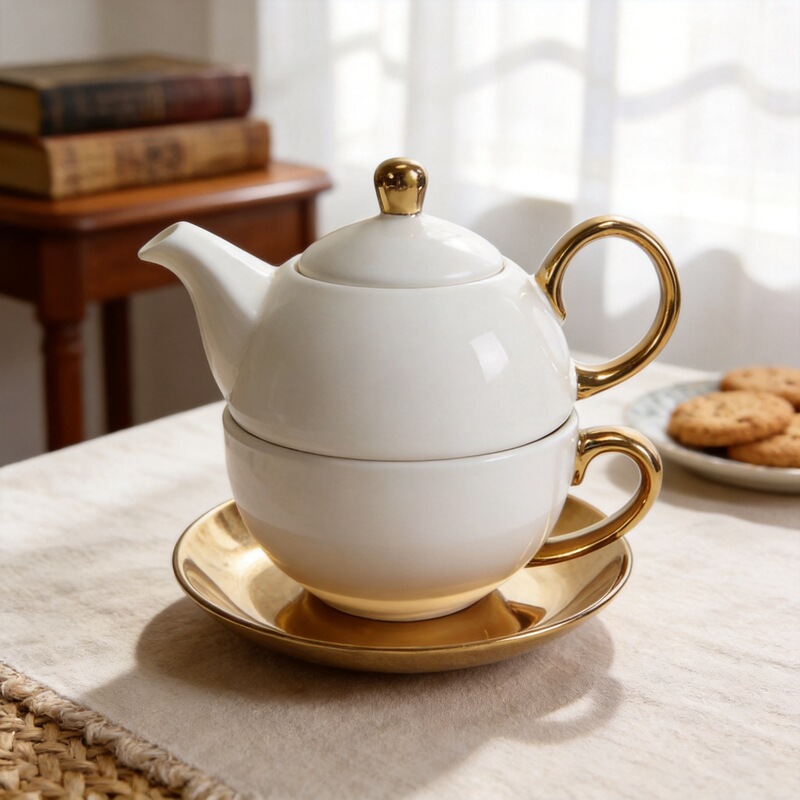 Ceramic Teapot Set with Gold Plating in Japanese Style, Export-Grade, Single-Person Tea Set, Afternoon Tea Cup Stackable Teapot Custom-Made