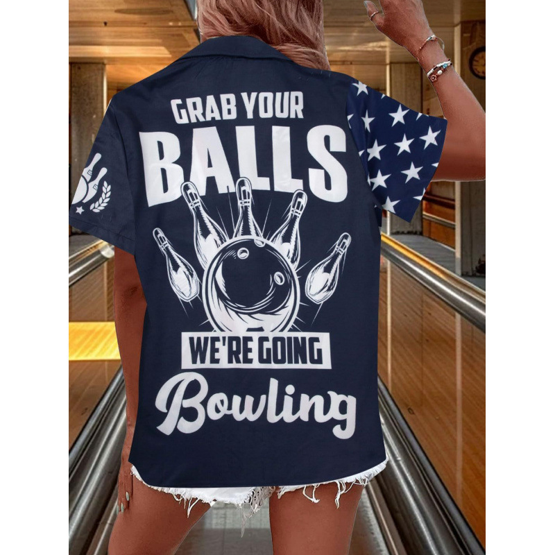 European and American Cross-Border Foreign Trade Hot-Selling Bowling Pattern 3D Digital Print Casual Shirt with Cuban Collar for Women