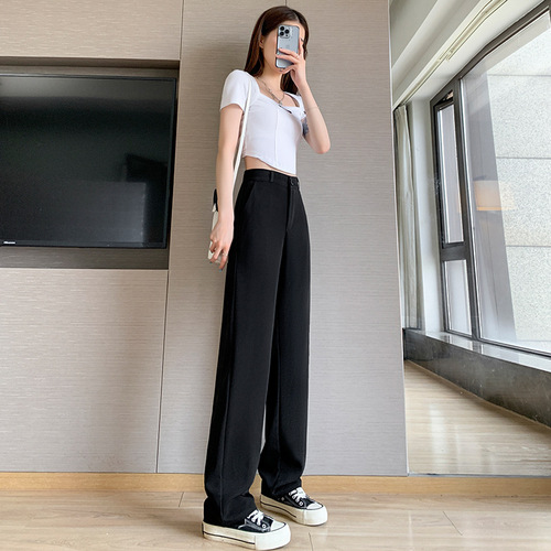 Spring and summer suit trousers for women, extended version, tall suit trousers, straight-leg design, niche high-waist drape, floor-length wide-leg pants