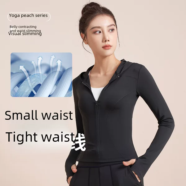 Juyitang Spring and Autumn Hooded Yoga Jacket for Women Slim Fit Tight Running Cycling Sports Fitness Long Sleeve
