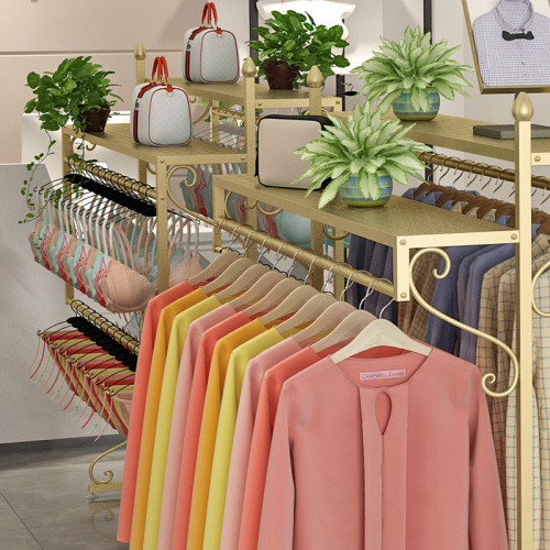 Island display rack in clothing store, floor-standing children's clothing store, golden display rack, clothing rack, shelf, double row hanger