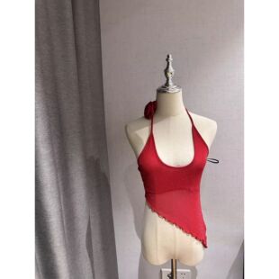 2025 Summer New Red Pure Sweet Spicy Sling Rose Neck Vest Ruffled Elastic Inner Top