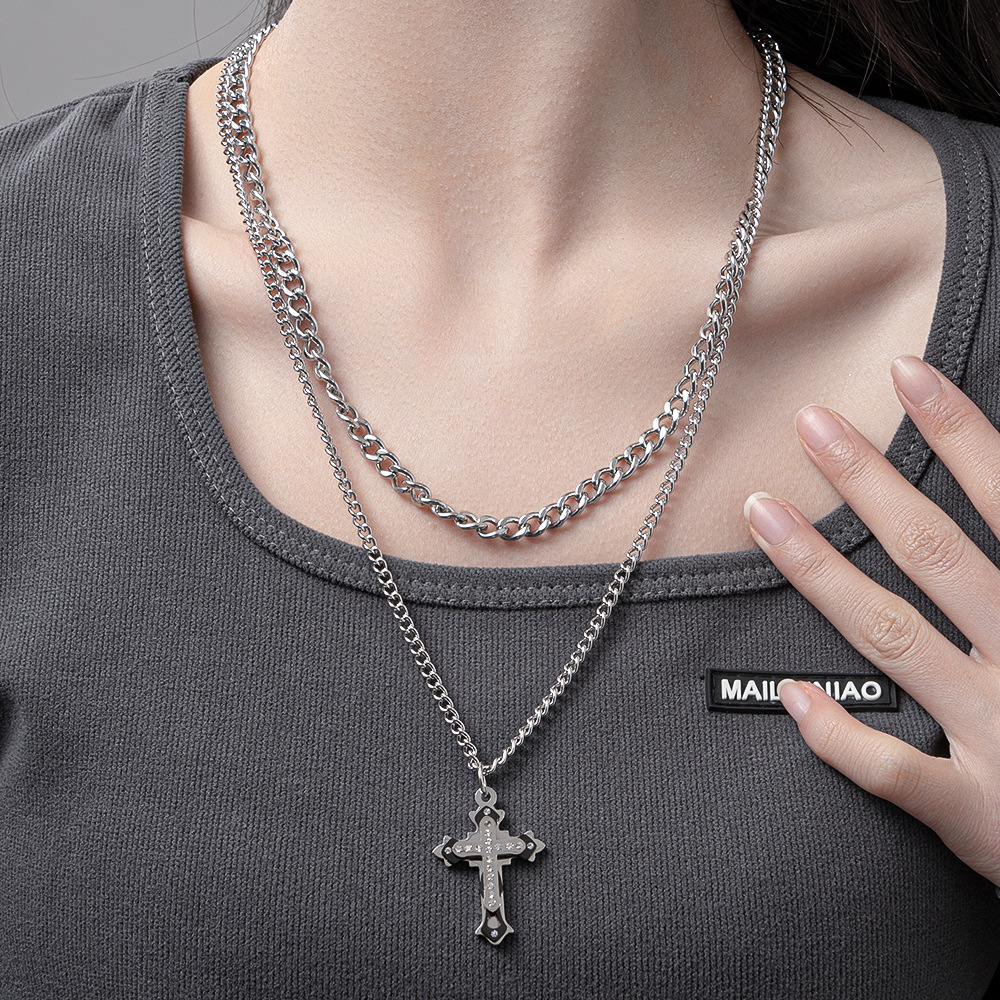 Cross Pattern Men'S Gender Hip-hop Cross Stainless Steel Inlay Rhinestones Layered Necklaces