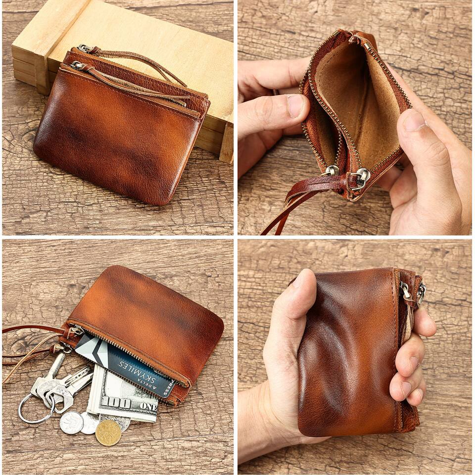 Ví đựng tiền xu da thật phong cách retro, da bò lớp một thuộc thực vật, kiểu dáng nhỏ gọn — nâu