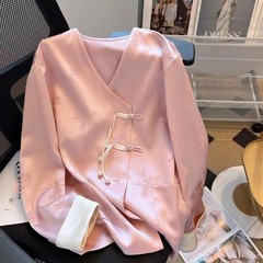 新中式国风缎面衬衫女春季款复古汉元素盘扣衬衣甜美减龄提花上衣
