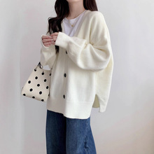 韩版跨境大码纯色毛衣外套2025秋冬新款慵懒风简约V领针织开衫女