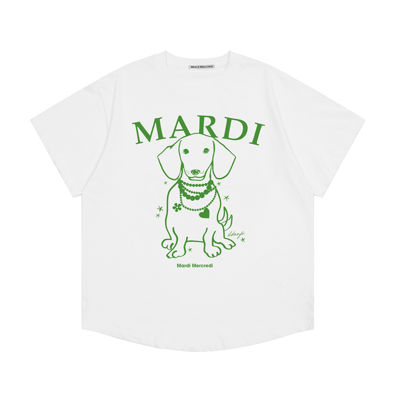 韓国マルディ Tシャツダックスフントレタープリントルーズカジュアルラウンドネック半袖 Tシャツトップ女性用