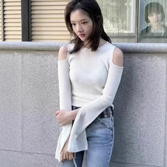 任敏同款白色开叉袖露肩针织衫上衣女2025秋季新款韩系修身打底衫