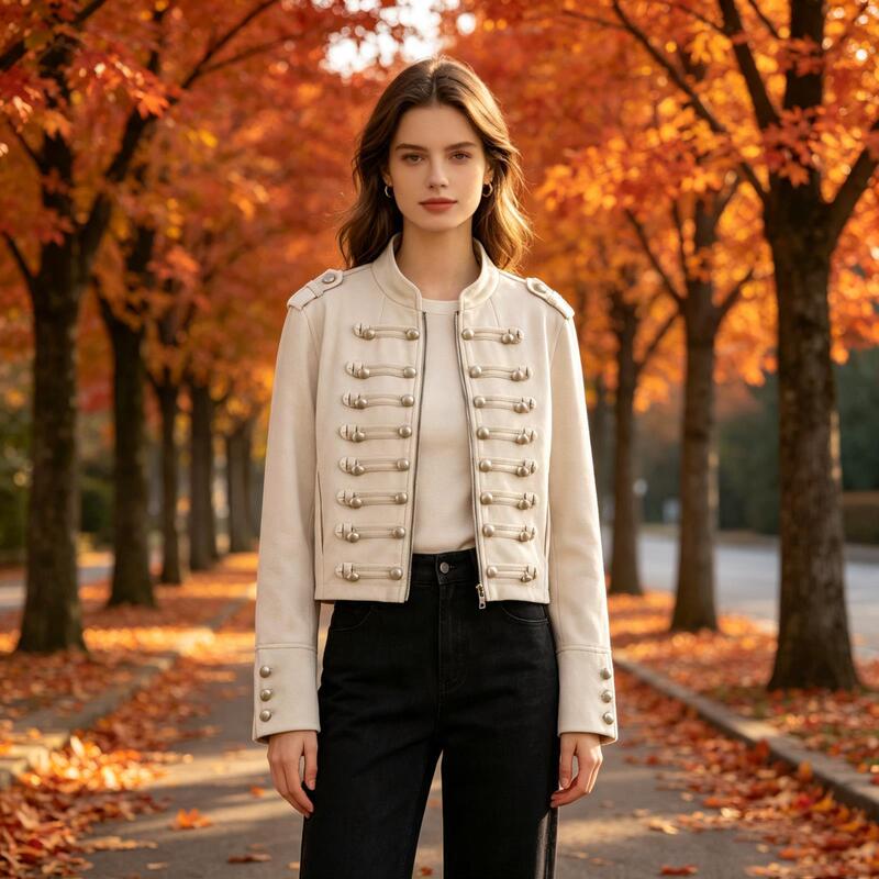 European and American style vintage military short jacket, stand-up collar multi-button suede coat, French court style women's clothing wholesale European and American style vintage military short jacket, stand-up collar multi-button suede coat, French court style women's clothing wholesale
