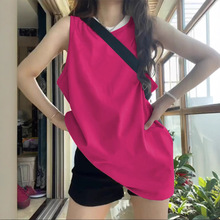 甜酷宽松纯棉背心t恤女生夏季玫红色字母印花中长款无袖吊带上衣