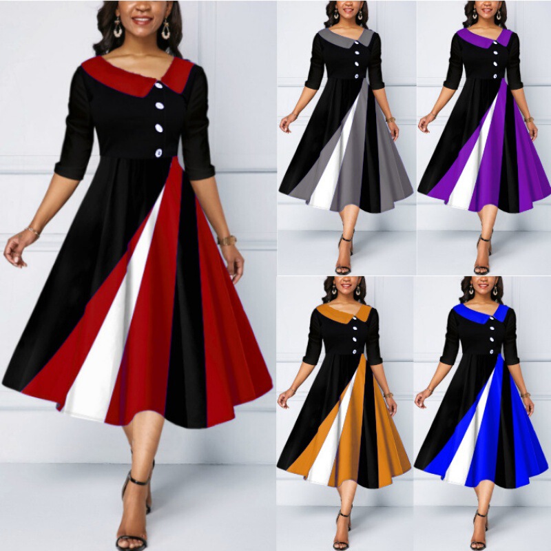 Amazon European and American Cross-border Women's New Button Decorative 3D Printed Five-point Sleeve Long Dress