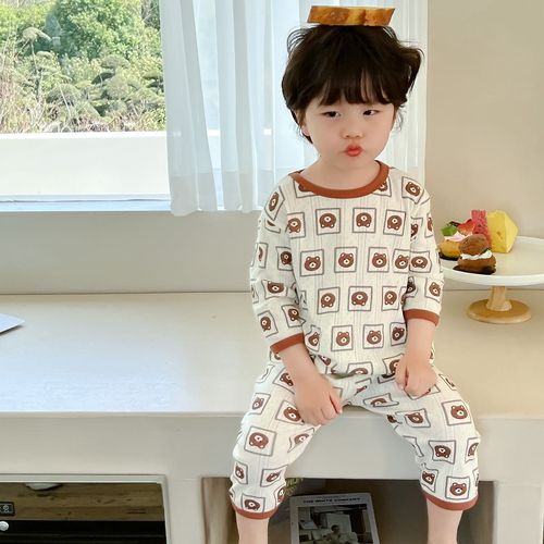 Children's pajamas summer boys and girls mid-sleeves mid-pants pure cotton breathing home clothes set ins baby air-conditioned clothes category A