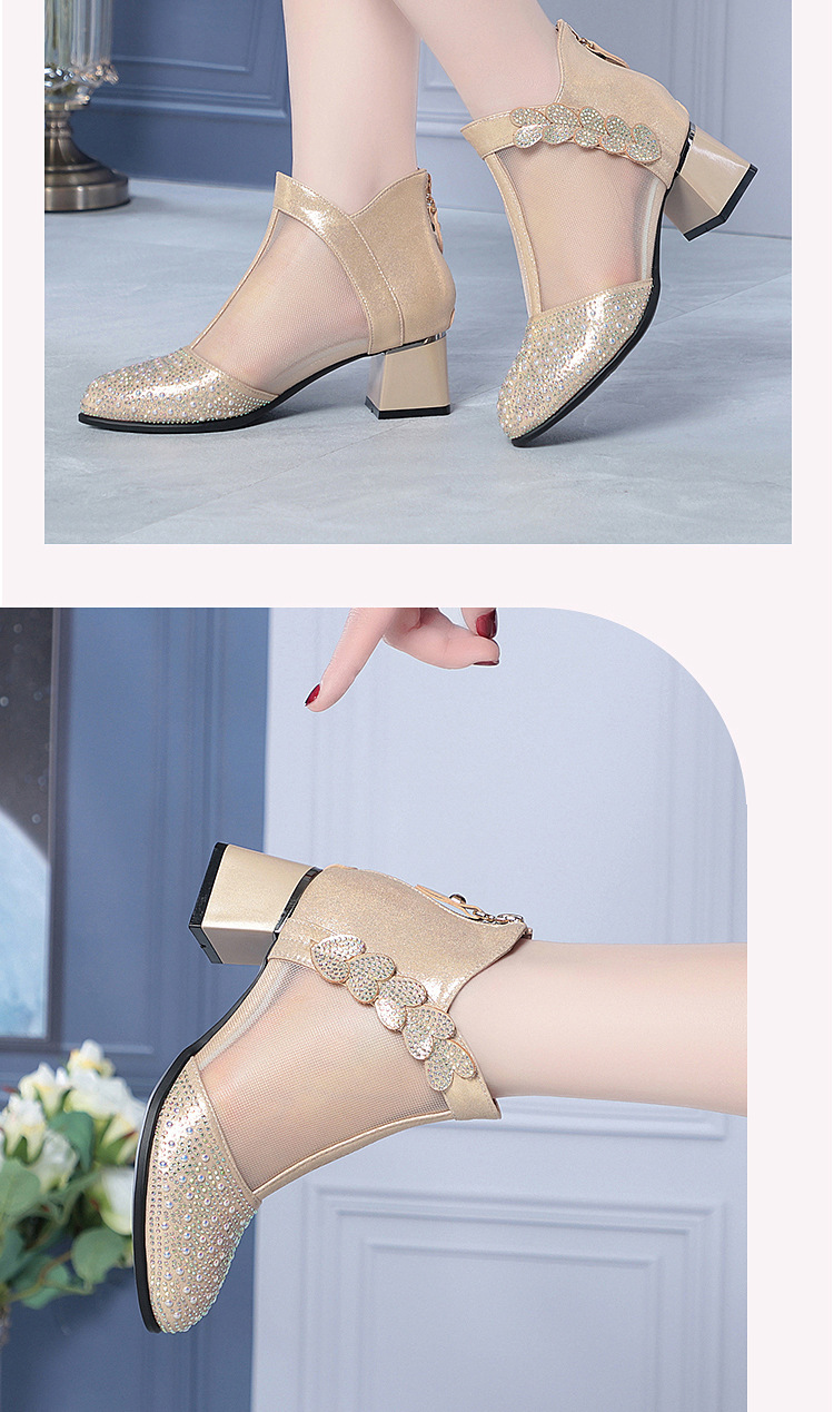 Giày boot nữ cổ thấp da thật lỗ thoáng khí gót thô 5 cm — màu đen chi tiết 9