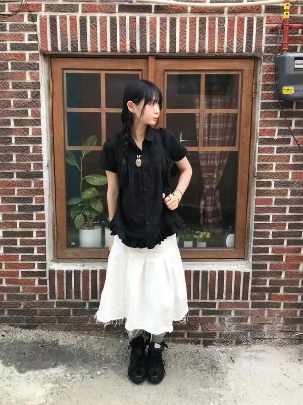 韩系翻领甜美辣妹修身显瘦百搭减龄花边拼接短袖衬衫上衣|undefined