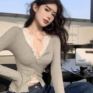 辣妹风v领长袖开衫女春秋新款修身紧身百搭灰色短款显瘦叠穿上衣