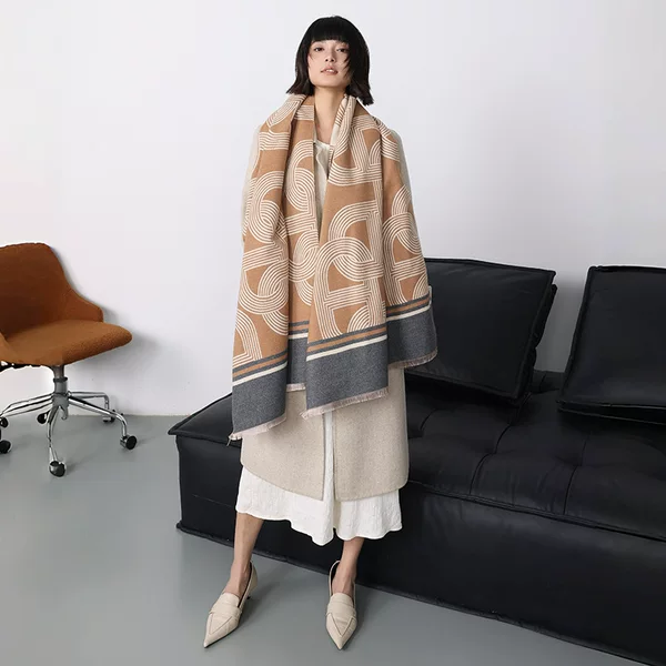 European and American Style Autumn and Winter New Geometric Shawl Elegant Imitation Cashmere Scarf Women's Double-Sided Printing Warm Outer Scarf