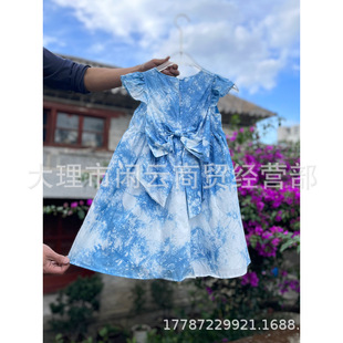 Summer Chinese Style Girl's dress Ethnic Style Handmade Blue Dye Plant Tie-Dye Western Style Bow Short Sleeve Skirt