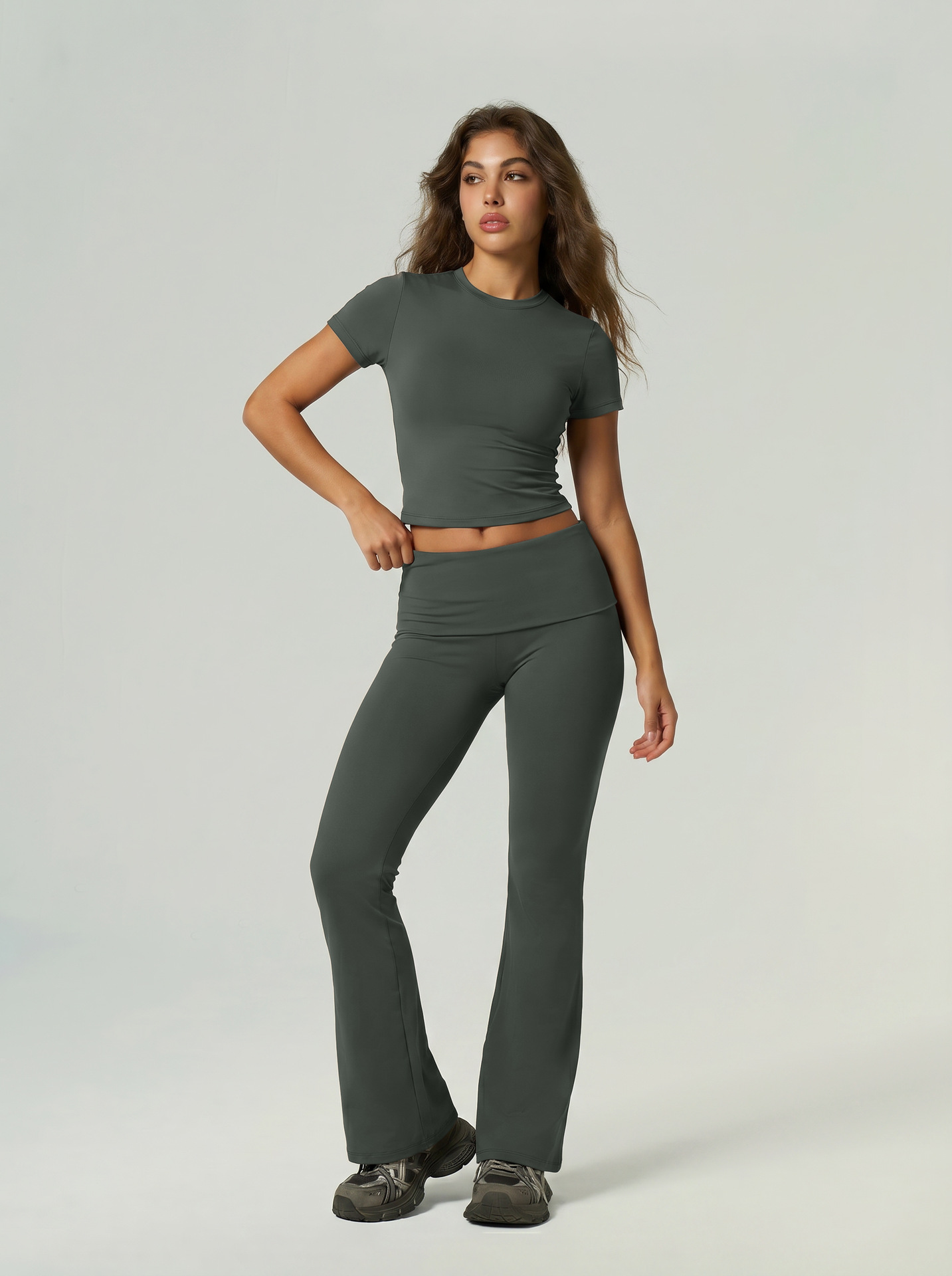 Transfronterizos Europeos y estadounidenses ropa deportiva de secado rápido, mangas cortas, pantalones largos, pantalones de cuchilla, abdomen cerrado, caderas elevadas, ropa de yoga desnuda