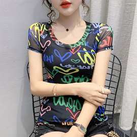 欧洲站2026夏季新款时尚女网纱修身印花圆领短袖t恤跨境一件代发