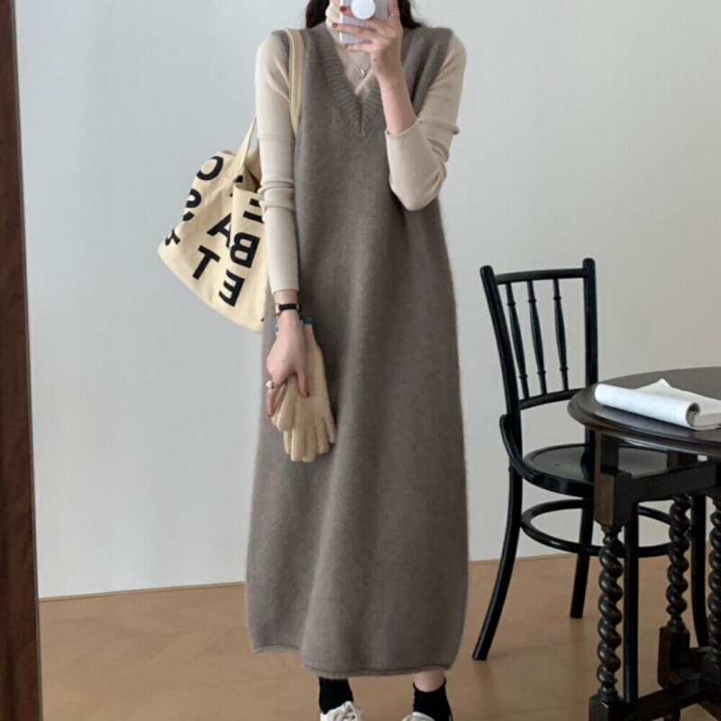 French-Style Autumn and Winter Women's Sweater Coat, Women's Vest, Loose Long Knitted Dress