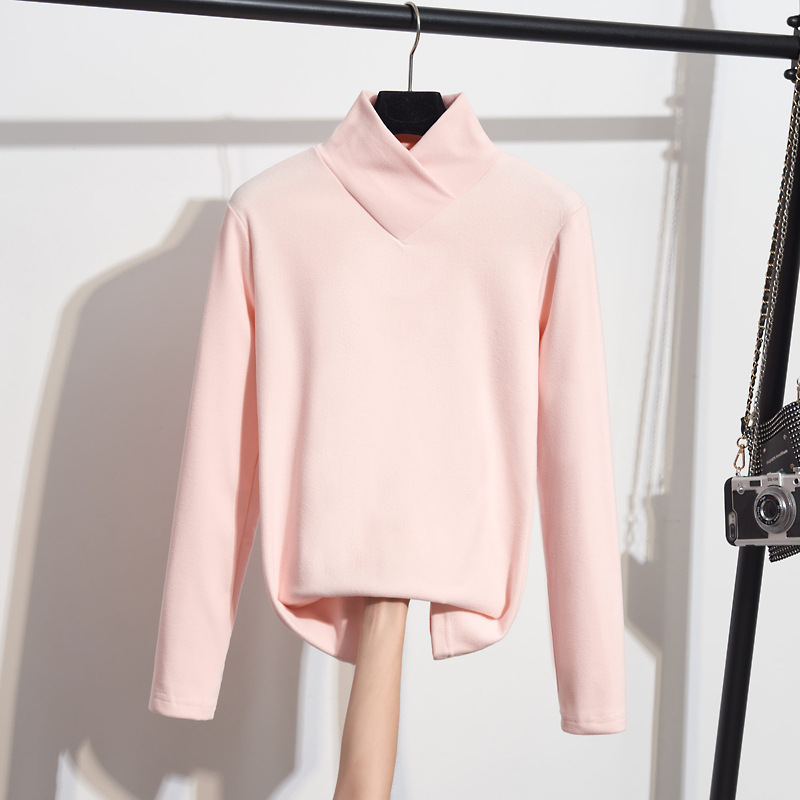 Half-high collar velvet bottoming shirt women's 2024 new women's western style overlapping collar sanding t-shirt warm inner top