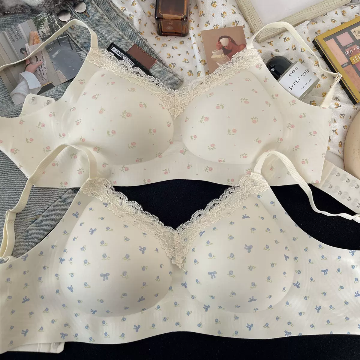 奶皮碎花无痕内衣女小胸聚拢显圆无钢圈上托果冻软支撑舒适文胸罩
