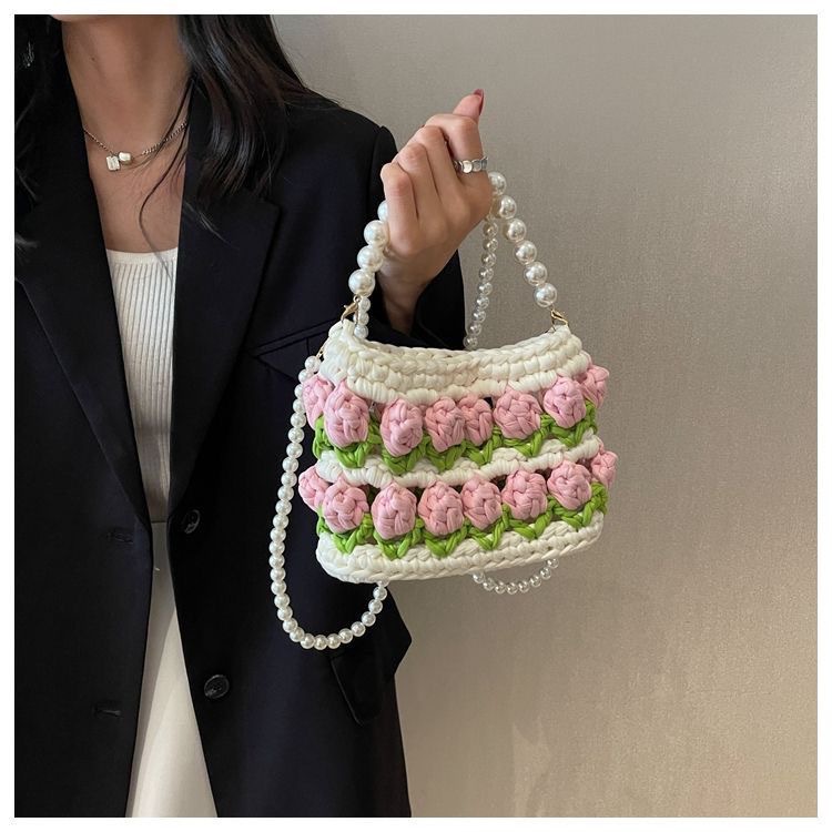 Bolsa de tejido DIY hecha a mano, bolsa de Tulip, tela casera, línea de ganchillo, bolsa de material DIY