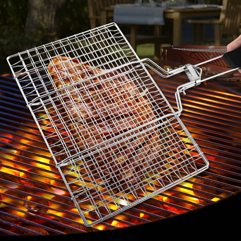 304 Stainless Steel Foldable Barbecue Grill Fish Grilling Net Vegetable Rack Detachable Portable Bbq Grilling Tool Manufacturer Supply