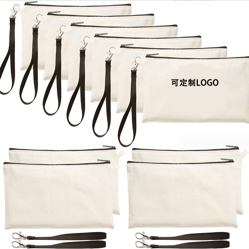 Sublimation Canvas Zipper Pencil Bag Blank Storage Hook Rope Portable Cosmetic Bag Cross-Border Toiletry Bag Gift
