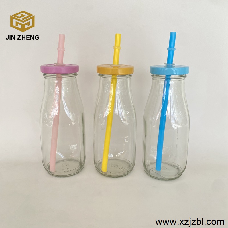 300ml鲜奶瓶带盖插吸管密封饮料酸奶瓶密封果汁瓶透明牛奶玻璃瓶