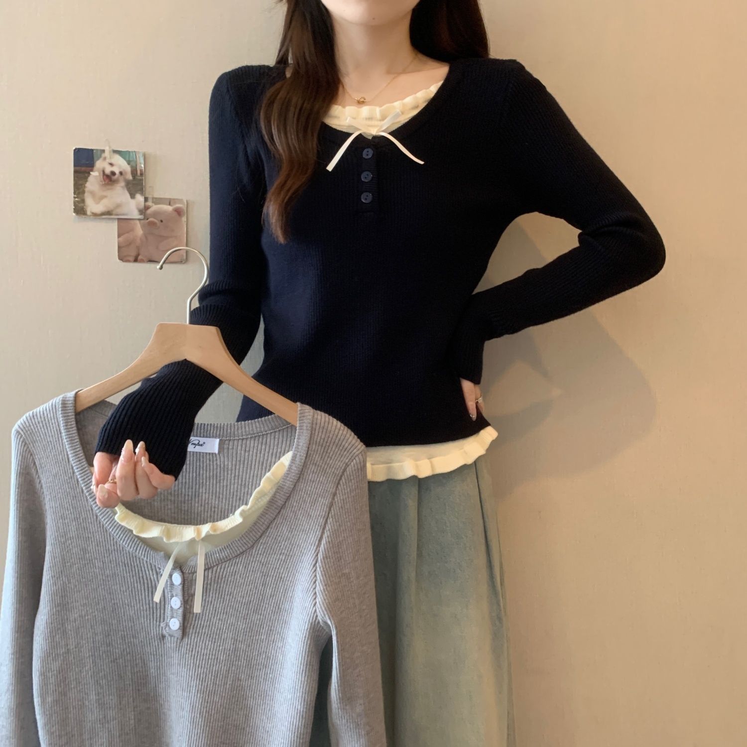 小香风假两件正肩长袖t恤女装春秋小个子设计感小众显瘦百搭上衣