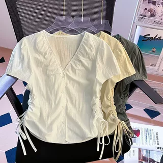 大码单排扣夏季新款短袖t恤女宽松显瘦遮肉抽绳系带设计洋气上衣