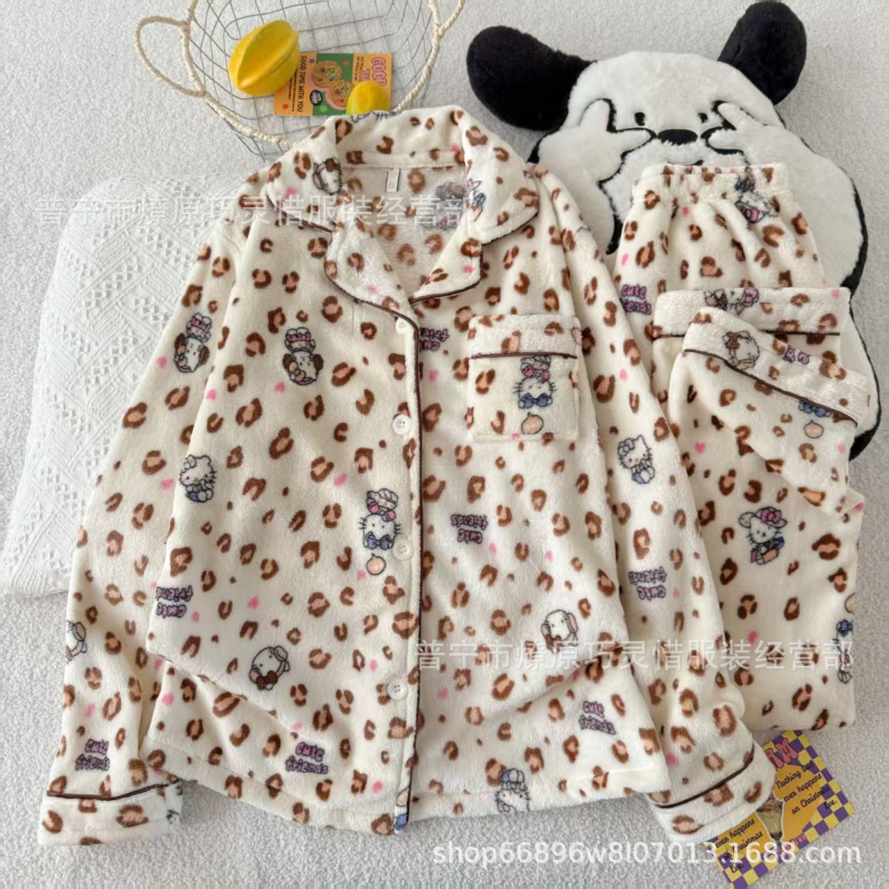 Franela otoño y invierno nueva linda niña caliente y gruesa dulce kitty gato suelto conjunto de pijamas se puede usar fuera