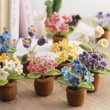 跨境亚马逊纯手工编织成品勿忘我花朵迷你小盆栽毛线花汽车摆件