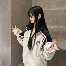 条纹美式复古撞色拉链外套女春秋薄款宽松慵懒风棒球服开衫卫衣潮