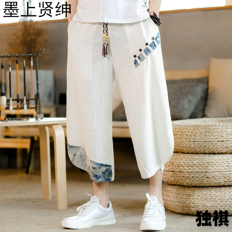Летние льняные брюки для мужчин в китайском стиле ледяные шелковые тонкие шорты свободные широкие брюки большого размера повседневные 7 семь укороченных